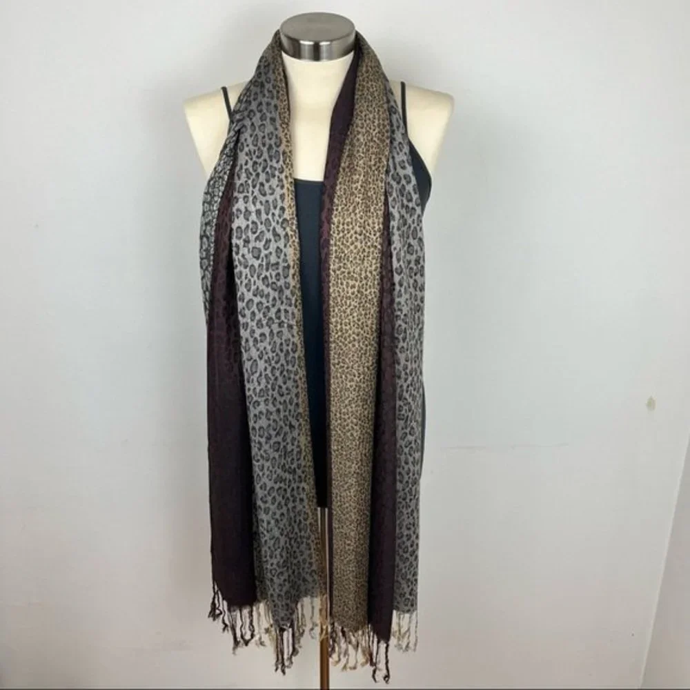 Color Block Striped Animal Print Scarf Shawl with Fringe